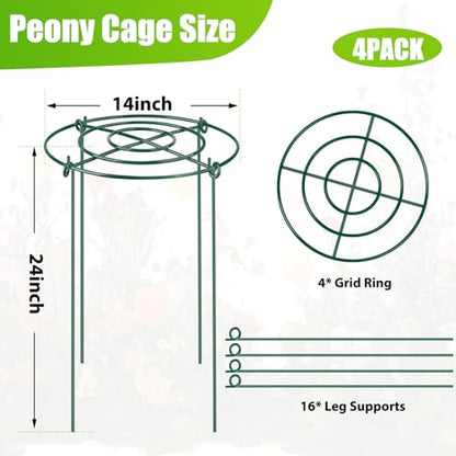 4 Pack Large Peony Cages and Supports, 14" D x 24" H Metal Plant Supports - size: 14" Wx24" H-4 Pack