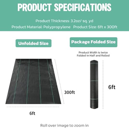6ft*300ft Landscape Fabric,Weed Barrier Fabric,3.2oz Heavy Duty Weed Blocker Fabric,Weed Contorl for Underlayment,Gardening Weed Mat-Durable,Easy Installation - size: 6ft*300ft