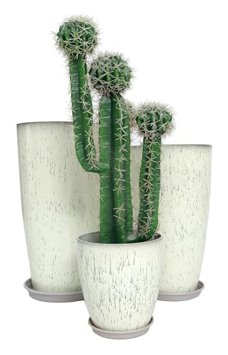 24,21,11 Inch Large Plastic Planters with Drainage Hole and Saucer - Set of 3 Tall Plant Pots Indoor Flower Pot Tall Round Planters Outdoor Large Tall Planter - color: White Glaze Color