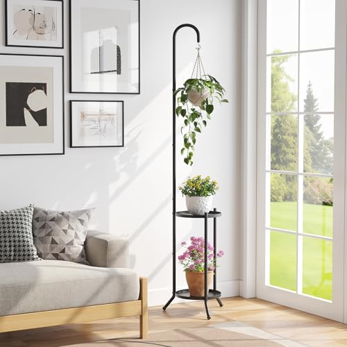 2-Tier Metal Plant Stand with Hanging Hook, Indoor Outdoor Plant Shelf,Heavy Duty Plant holder Rustproof Iron Multiple Plant Round Supports Rack for Planter Corner Garden Balcony Patio (Black) - color: Black
