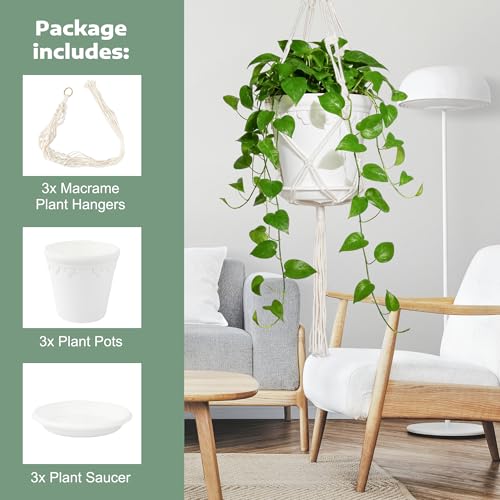 Hanging Planters with Macrame Plant Hangers, 3-Set Self Watering Pots, Hanging Flower Baskets for Indoor Outdoor Plants,3 Different Sizes