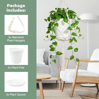 Hanging Planters with Macrame Plant Hangers, 3-Set Self Watering Pots, Hanging Flower Baskets for Indoor Outdoor Plants,3 Different Sizes