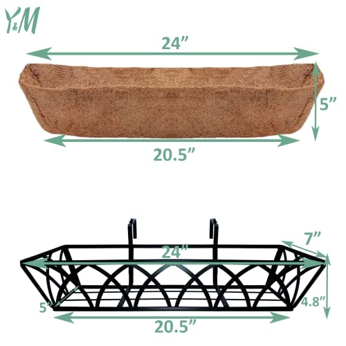 Y&M 4pcs 24 Inch Planter, Metal Window Boxes with Coco Liner, Indoor Outdoor Hanging Flower Planter for Garden, Lawn, Balcony, Porch, Fence, Patio Rail - size: X - 24in 4P