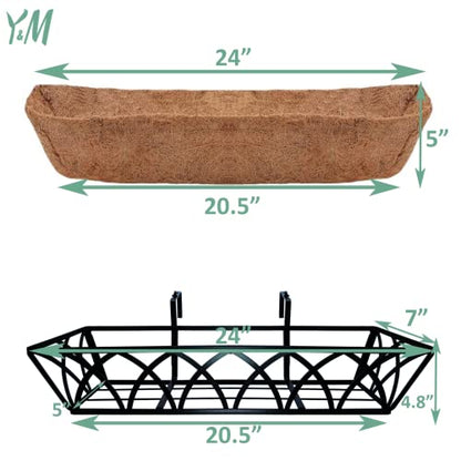 Y&M 4pcs 24 Inch Planter, Metal Window Boxes with Coco Liner, Indoor Outdoor Hanging Flower Planter for Garden, Lawn, Balcony, Porch, Fence, Patio Rail - size: X - 24in 4P