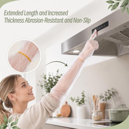 Qianyu 100 PCS Disposable Long Gloves Plastic Dressing Gutting Gloves Waterproof Cleaning Long Sleeve Glove 21 Inch Lightweight with 300 Rubber Bands for Farm Household Gardening Cleanings