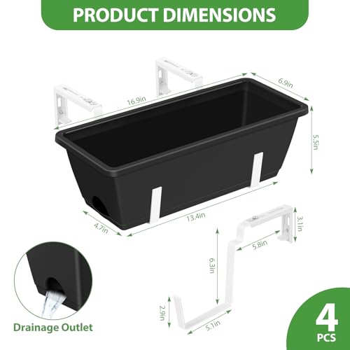 Railing Planter Box 4 Pack Hanging Balcony Planters with Adjustable Bracket - color: Black & White