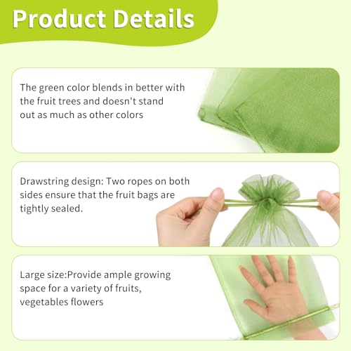 100PCS Fruit Protection Bags, 6x9 Inch Green Fruit Netting Cover Bags Drawstring Mesh Fruit Protectors Pest Barrier for Plant Fruit Flower Veggies Garden - size: 6x9 inches
