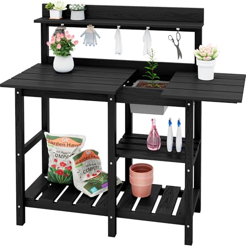 SERWALL Outdoor Potting Bench with Removable Sink,Gardening Table,Black