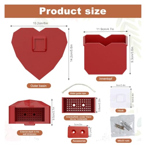 Heart-Shaped Wall Planter, Self-Watering Pot for Indoor Plants - color: Red