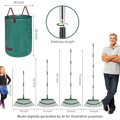 Adjustable Metal Leaf Rake Set – 25 Tines, 38-73" Handle, 19" Wide with 2 Pack 32-Gallon Leaf Bags & Scoops – Heavy Duty Garden Rake for Lawns, Shrubs, Grass, Flower Beds & Outdoor Use