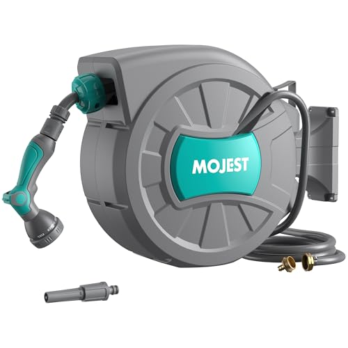 Mojest Retractable Garden Hose Reel - 1/2 in x 100 ft Wall Mounted Heavy Duty Water Hose Reel with Automatic Slow Rewind System, 2 Hose Nozzle, 180°Swivel Bracket, Dark Gray - color: Dark Gray, size: 100FT