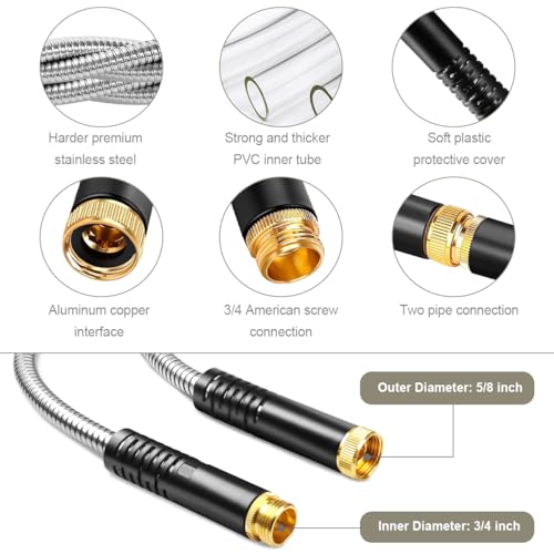 Omont Metal Garden Hose 50FT, Heavy Duty 304 Stainless Steel Water Hoses with Nozzle, Flexible Garden Hose, Lightweight, Rust Proof, No-Kink & Tangle for Yard, Outdoor, RV - size: Stainless Steel 50FT