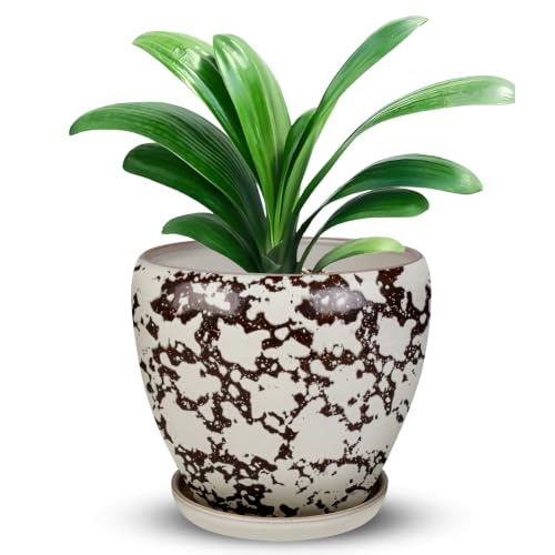 Ceramic Plant Pots With Saucer & Drainage, 8 inch Indoor Flower Pots - color: White, size: 8 inch