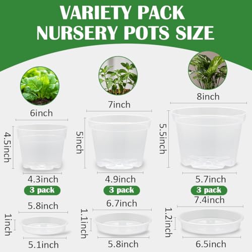 9 Pack 8/7/6 Inch Clear Nursery Pots for Plants with Saucer, Transparent Plastic Plant Pots with Drainage Holes, Sturdy Seedling Starter Pot, Garden Planter Pot for Succulents Flowers Herb Vegetables - size: 6/7/8 Inch-9P