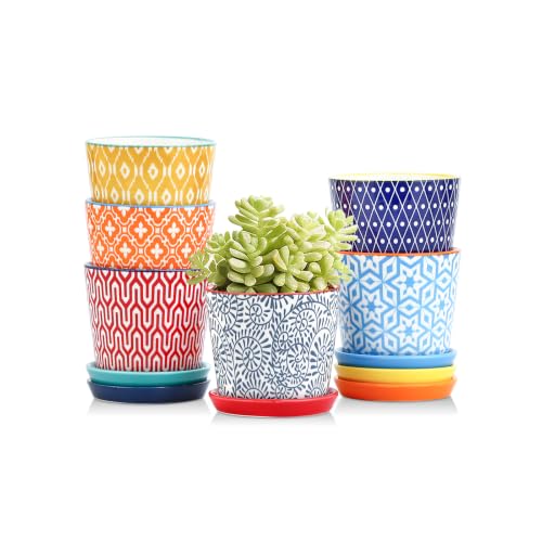 Selamica Ceramic Succulent Pots, 3.4 Inch Small Pots for Plants with Drainage Holes and Saucers, Home Decor, Set of 6, Assorted Colors - color: Assorted Colors, size: 3.4 Inch, Set of 6