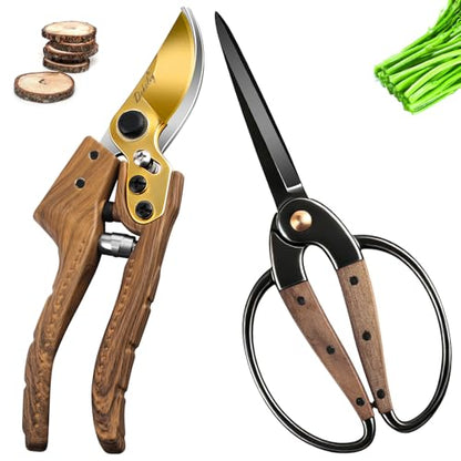 2Pack Garden Pruning Shears Set: Ultra Sharp SK5 Blade Gardening Shears & Precision Garden Scissors,Wood Like&Wide Walnut Ergonomic Handle,Perfect for Plant,Bonsai,Shrub,floral,Branch Trimming