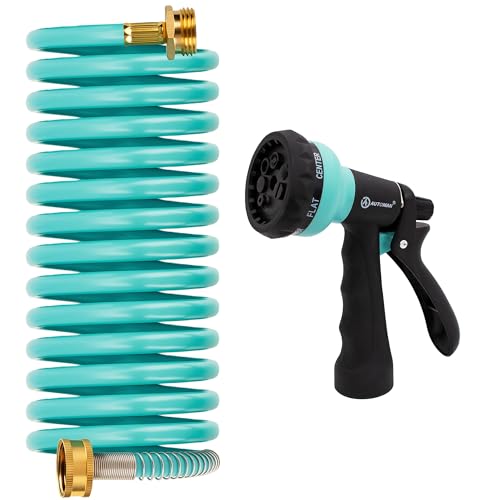 AUTOMAN Recoil Garden Water Hose 15 ft, EVA Curly Water Hose with Brass Connectors,Garden Hose Coil,Includes 7-Pattern Function Sprayer,Retractable,Corrosion Resistant Garden Coil Hose. - color: Turquoise, size: 15 ft