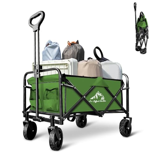 Garden Cart Folding Wagon with Small Wheel, Collapsible Outdoor Cart Heavy Duty with Universal Wheels & Adjustable Handle, Utility Grocery Wagon for Camping Shopping, Sports - Olive Green - color: Green, size: 2 Pack