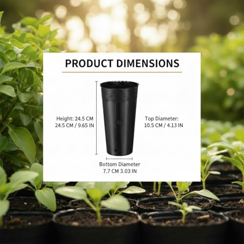 100 Pack Tall Tree Pot 9.8'' x 4.7'', Black Plastic Deep Nursery Pots, Soft Deep Seedling Pots for Seed Starting, Plant Starter Cups with Drainage Holes for Flowers, Cuttings Transplanting - size: 9.8'' X 4.7''