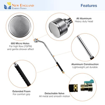 30 Inch Soft Rain Watering Wand 600003, Gentle Shower Spray, Heavy Duty Lightweight Metal Build, Comfort Grip, Flow Control Shut Off Valve, for Plants, Yards, Cars & Pets, by New England Garden Tools - size: 30 Inch - Soft Rain