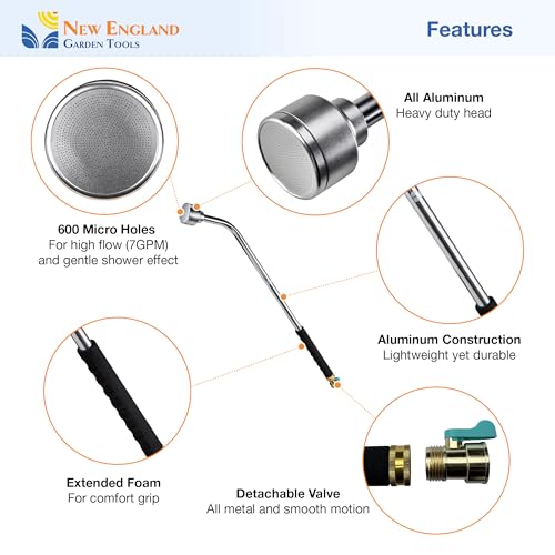 30 Inch Soft Rain Watering Wand 600003, Gentle Shower Spray, Heavy Duty Lightweight Metal Build, Comfort Grip, Flow Control Shut Off Valve, for Plants, Yards, Cars & Pets, by New England Garden Tools - size: 30 Inch - Soft Rain