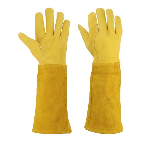 MECCANIXITY Leather Gardening Gloves for Women and Men, Thorn Proof Rose Garden Glove Long Sleeve Working Gloves for Digging - color: Yellow-orange, size: X-Large