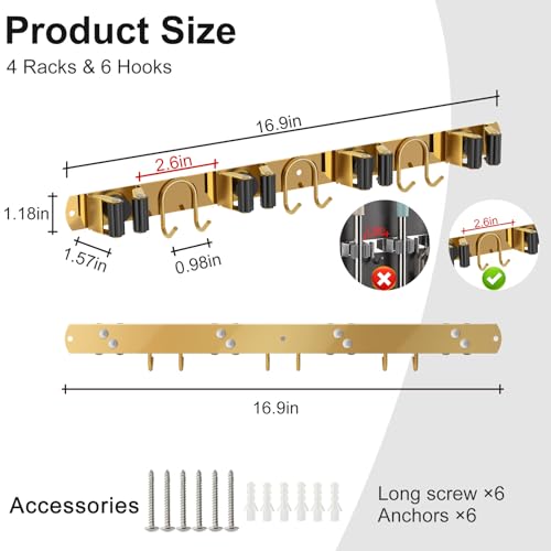 Mop Broom Holder Wall Mount, 2 Packs Gold Stainless Steel Tool Storage Organizer for Kitchen Garden Garage Laundry Room Bathroom and RV with 4 Slots 6 Hooks - color: Gold-2 Pack