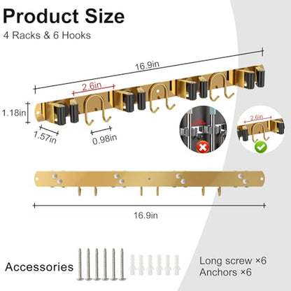 Mop Broom Holder Wall Mount, 2 Packs Gold Stainless Steel Tool Storage Organizer for Kitchen Garden Garage Laundry Room Bathroom and RV with 4 Slots 6 Hooks - color: Gold-2 Pack