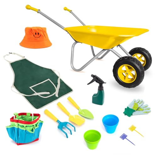 Toddler Metal Wheelbarrow for Kids Gardening Tool 12 PCS Set(Yellow Set) - color: Yellow Set