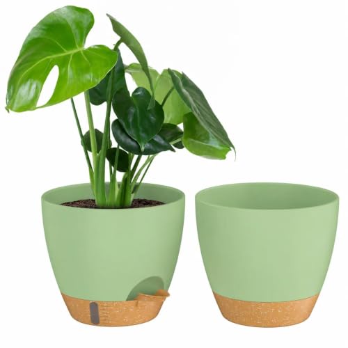 ZMTECH 10 Inch Plant Pots Set of 2 Planters for Indoor Plants Self Watering Pots Flower Pots with Drainage Holes and Saucer for Outdoor Plants(Green with Brown) - color: Green With Brown, size: 10 Inch
