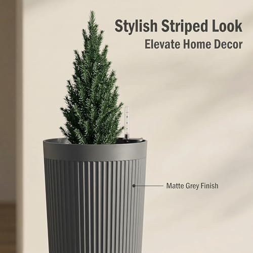 TUYOHW 24 Inch Tall Round Plastic Planter with Self Watering System, Large Indoor Outdoor Planter for Home, Patio, Garden - color: Gray-round