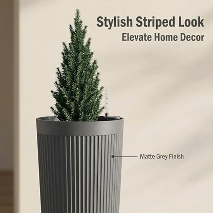 TUYOHW 24 Inch Tall Round Plastic Planter with Self Watering System, Large Indoor Outdoor Planter for Home, Patio, Garden - color: Gray-round