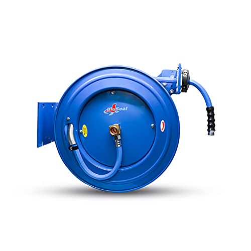 BLUSEAL BSWR1250HRS Retractable Hose Reel with 1/2" x 50' Hot Water Rubber Hose, 6' Lead-in, Hose Reel Swivel Mount, 9 Pattern Spray Nozzle