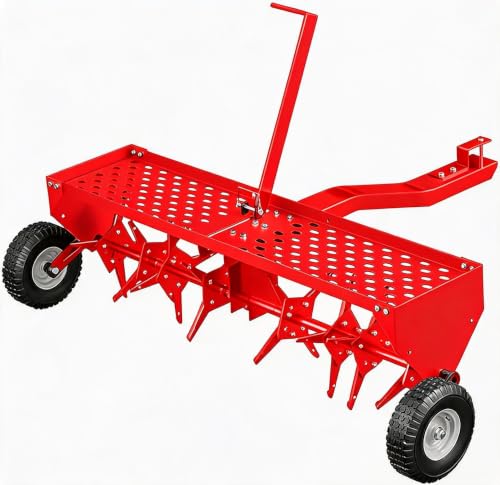 Garvee 48-Inch Tow Behind Plug Aerator,Pull Behind Aerator with Durable Steel Tines Lawn & Tray and Pneumatic Tires Tow Behind Spike Aerator for Lawn, Farm,Planting - color: Red, size: 48in