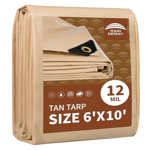 RAINDEWAY 6' X 10' Heavy Duty Tan Poly Tarp Multipurpose Waterproof Cover - color: Tan, size: 6x10 Feet-Finished size