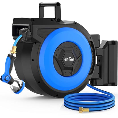 Retractable Garden Hose Reel, 5/8" x 90FT Automatic Retractable Water Hose Reel Wall Mount, with 10- Function Sprayer Nozzle, Any Length Lock/Auto Rewind/180°Swivel - size: 90 Ft