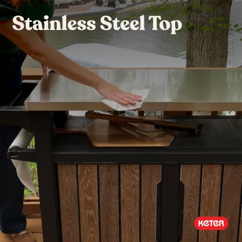 Keter Unity XL Outdoor Entertainment Cart with Wood‑Look Finish, 78‑Gallon Patio Storage Cabinet, Food Prep Station, Stainless‑Steel Top for BBQ, Grill, Patio, Deck & Backyard, Walnut - color: Walnut