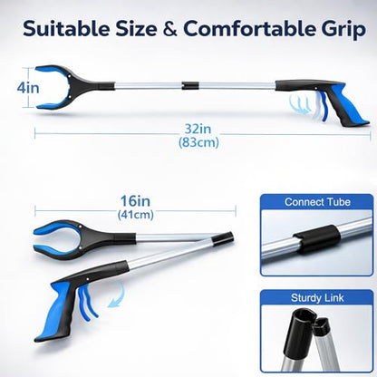 Grabber Reacher Tool - 32” Extra Long Foldable Gripper and Reaching Tool - Heavy Duty Pick Up Stick Grabbers for Seniors, Trash, Surgery Recovery Must Haves Gifts (Blue-2pc) - color: Blue-2pc