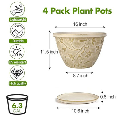 Nooulap 4 Pack 16 Inch Plant Pot with Drainage Hole, Beige - color: Beige, size: 16 inch