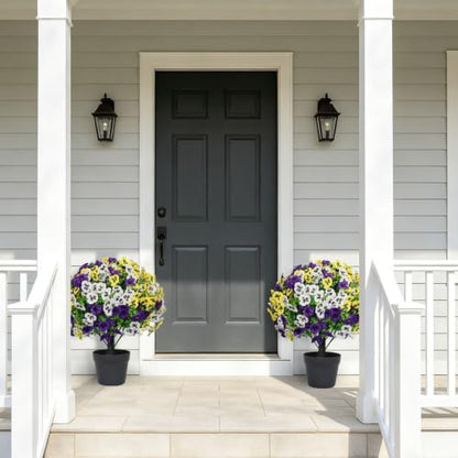 24" Artificial Pansy Flowers for Outdoors with Cement Pots Set of 2 - color: Pansy Yellow-purple-white