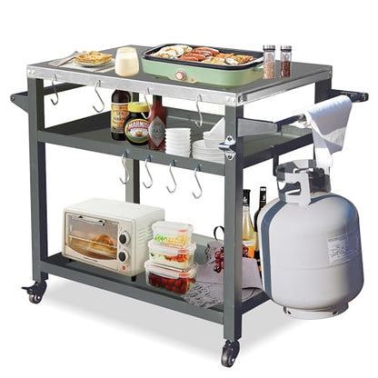 Domi 3-Shelf Outdoor Grill Table, Grill Cart Outdoor with Wheels, Pizza Oven and Food Prep Table, Blackstone with Stainless Steel Tabletop, BBQ Stand for Blackstone Griddle for Outside BBQ - style: Stainless Steel Tabletop+Solid Shelf