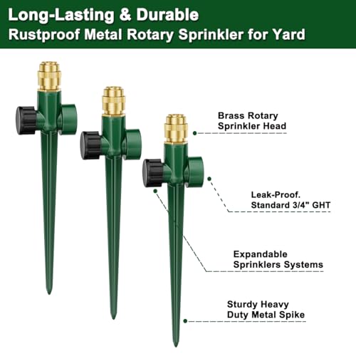 FANHAO 3-Pack Heavy-Duty Metal Lawn Sprinkler for Yard, 360° Adjustable Garden Water Sprinkler with Spike Base, Large Area Irrigation System for Lawn, Grass, Patio & Backyard