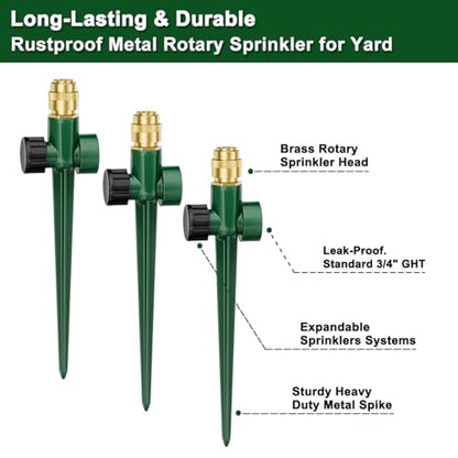 FANHAO 3-Pack Heavy-Duty Metal Lawn Sprinkler for Yard, 360° Adjustable Garden Water Sprinkler with Spike Base, Large Area Irrigation System for Lawn, Grass, Patio & Backyard