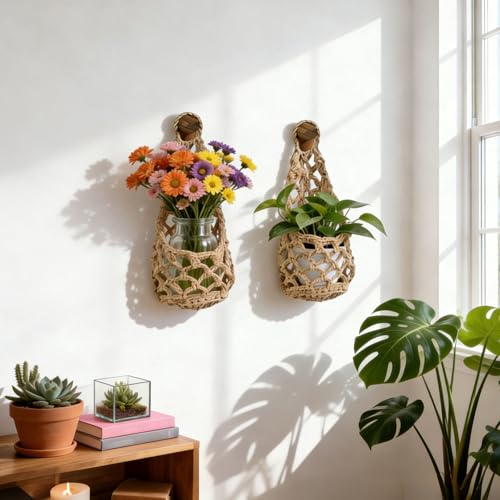 Macrame Plant Hanger Set of 2, Boho Wall Hanging Planter for up to 4" Pots - color: 2 Pcs Brown, size: 4 Inch