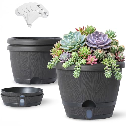 Sun-E 10 Inch Whiskey Barrel Self Watering Planters, Wood Look, 3-Pack - color: Deep Wooden Grain