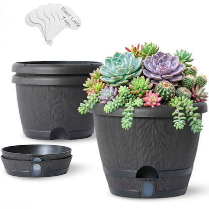 Sun-E 10 Inch Whiskey Barrel Self Watering Planters, Wood Look, 3-Pack - color: Deep Wooden Grain