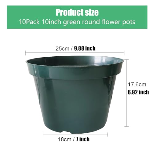 10 Pack Green Plastic Planter Pots, 10 Inch Thick with Multiple Drainage Holes, for Herbs, Strawberries, Flowers - Indoor/Outdoor - color: Green, size: 10 Inch 10 Pack