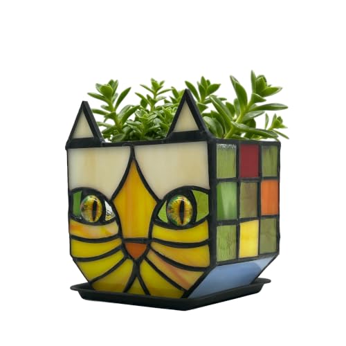 Tiffany Stained Glass Orange Cat Flower Pot,Handmade Cute Pots for Plants, Room and Office Decoration Glass Container Storage,Indoor Plant Pots with Drainage,Plant Gifts 4.6x3x5.15 in - color: Orange-white
