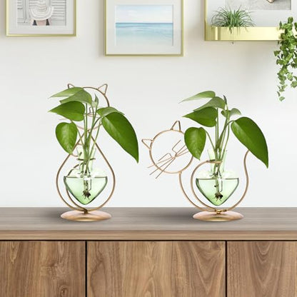 Plant Terrarium Propagation Station Gifts for Women Cat Lover - color: Gold Green