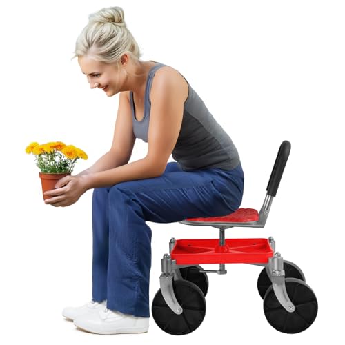 Rolling Garden Work Seat with Wheels | Stable Workseat Sturdy Carts Adjustable Seat Height and Direction with Tool Tray | Garden Chair for Outdoor, Patio and Yard, Blue Red - color: Red